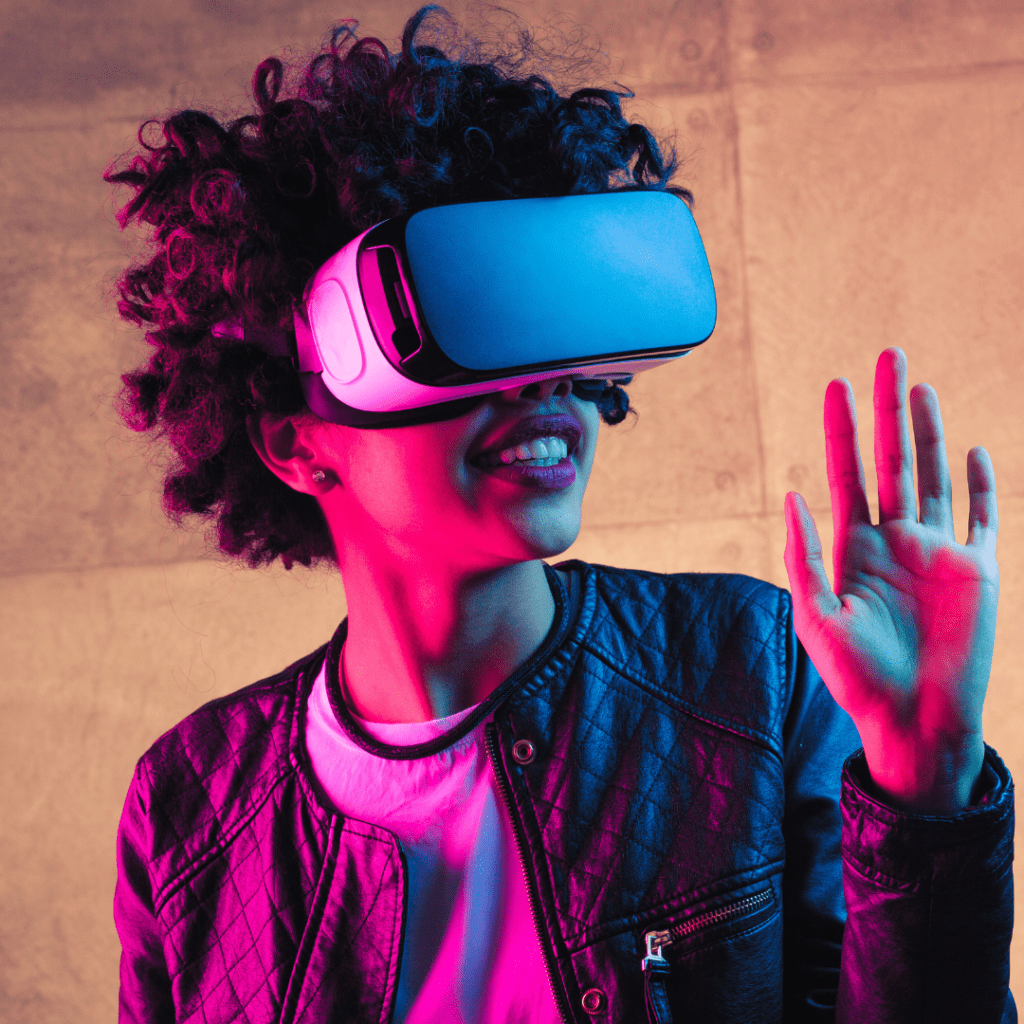 woman wearing virtual reality goggles