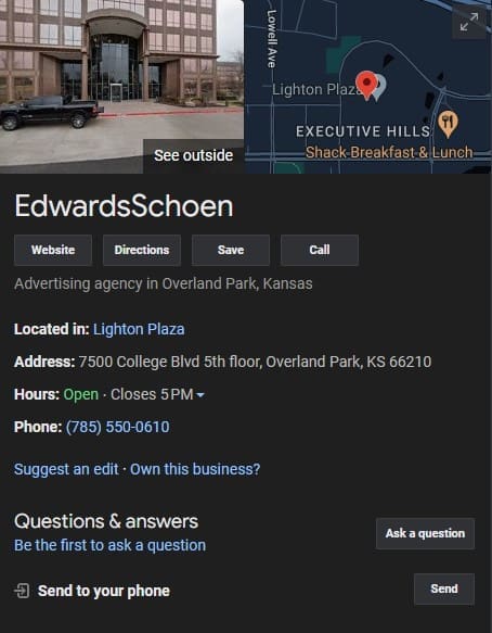 A screenshot of the EdwardsSchoen Google My Business listing