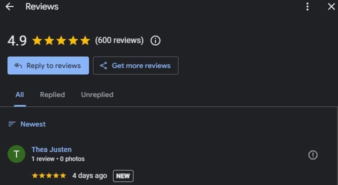 A screenshot of reviews on GMB