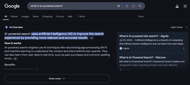 screen shot of ai powered search result