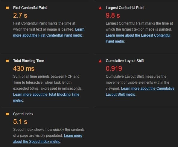 A screenshot of Core Web Vitals from Google's Lighthouse tool