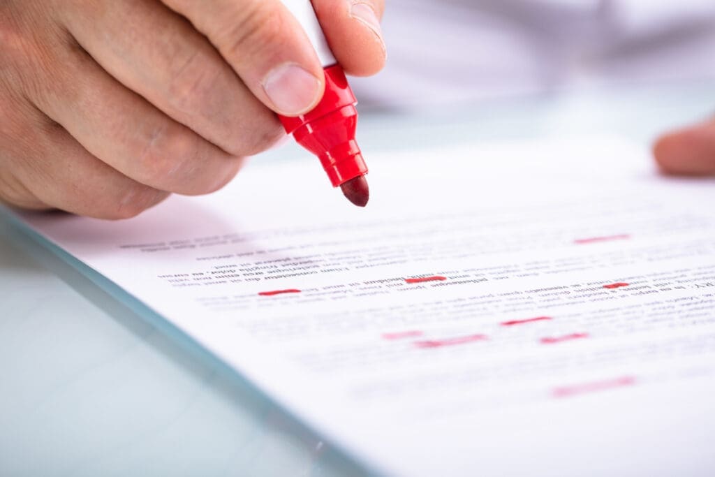 A person using a red pen to make changes to a document