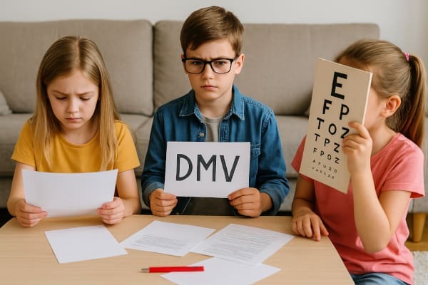 An AI generated image of 3 children at a coffee table filling out forms