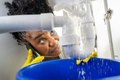 A woman on a phone while looking at a leaking pipe under a sink