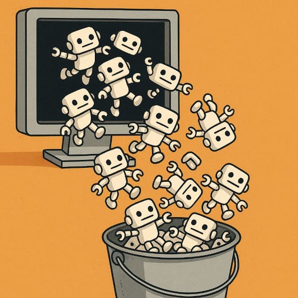 A lot of little robots falling out of a computer screen into a bucket