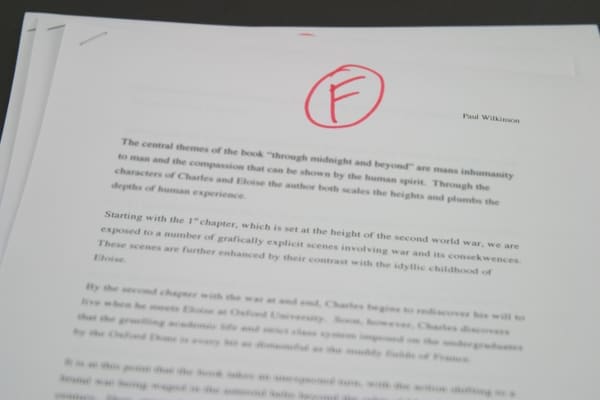 A school paper with a grade of F marked on it