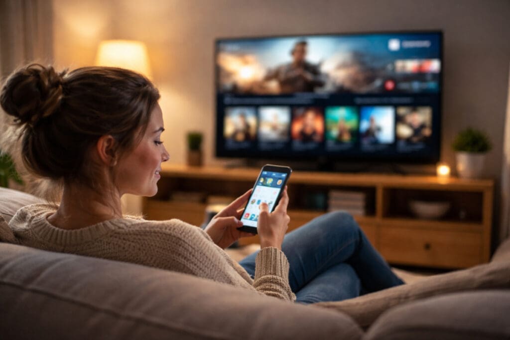A woman sitting on a couch watching TV and using a phone