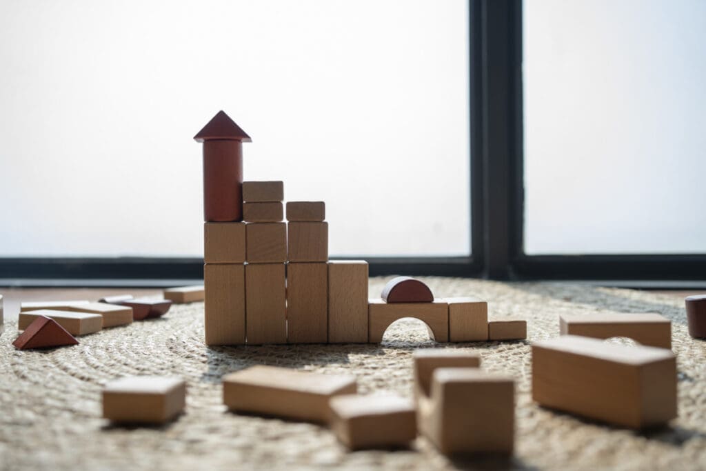 A structure made of wooden blocks
