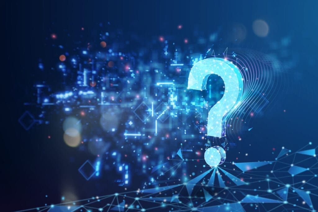 A question mark in a digital style