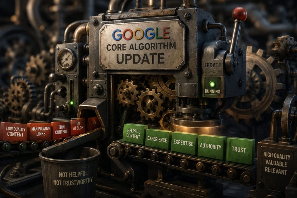 An industrial looking machine with Google Core Algorithm labeled on it