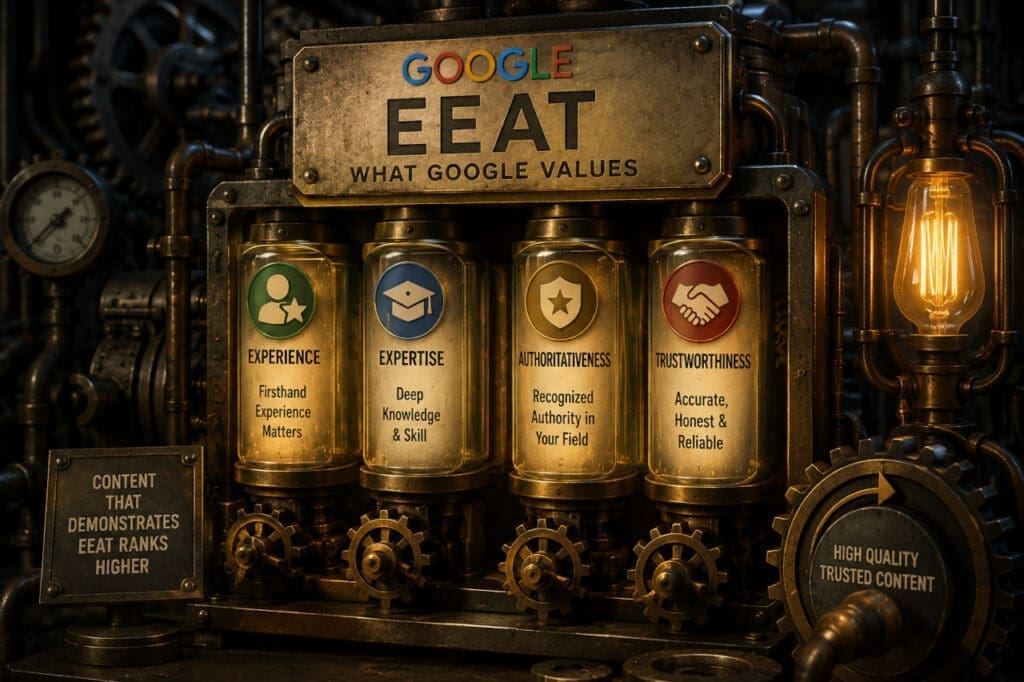 An industrial looking machine showing Google EEAT on it