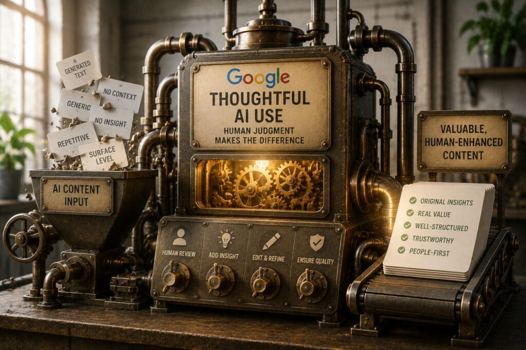An industrial machine with ai content going in one side and good content out the other