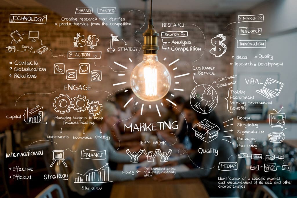 Chalkboard-style scribbles and doodles depicting aspects of marketing strategies and surrounding a glowing light blurb. In the blurred background, a marketing team gathers around a desk.