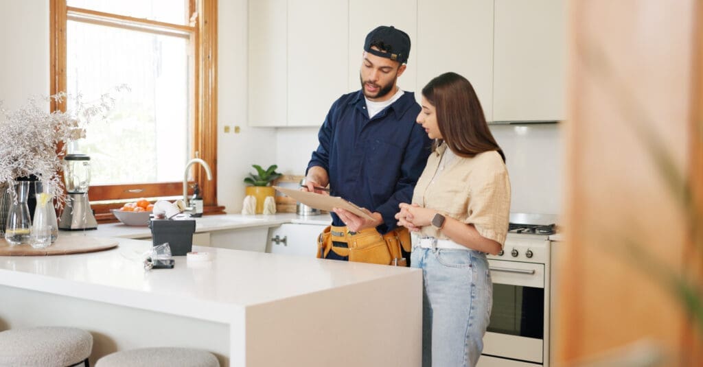 A young woman stands in her kitchen with a plumber who holds out a clipboard, talking her through information on maintenance service and repairs.